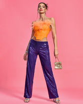 Purple Sequin Pants & Feather Corset Set
